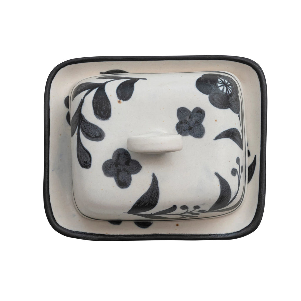HAND PAINTED STONEWARE BUTTER DISH WITH FLORAL DESIGN
