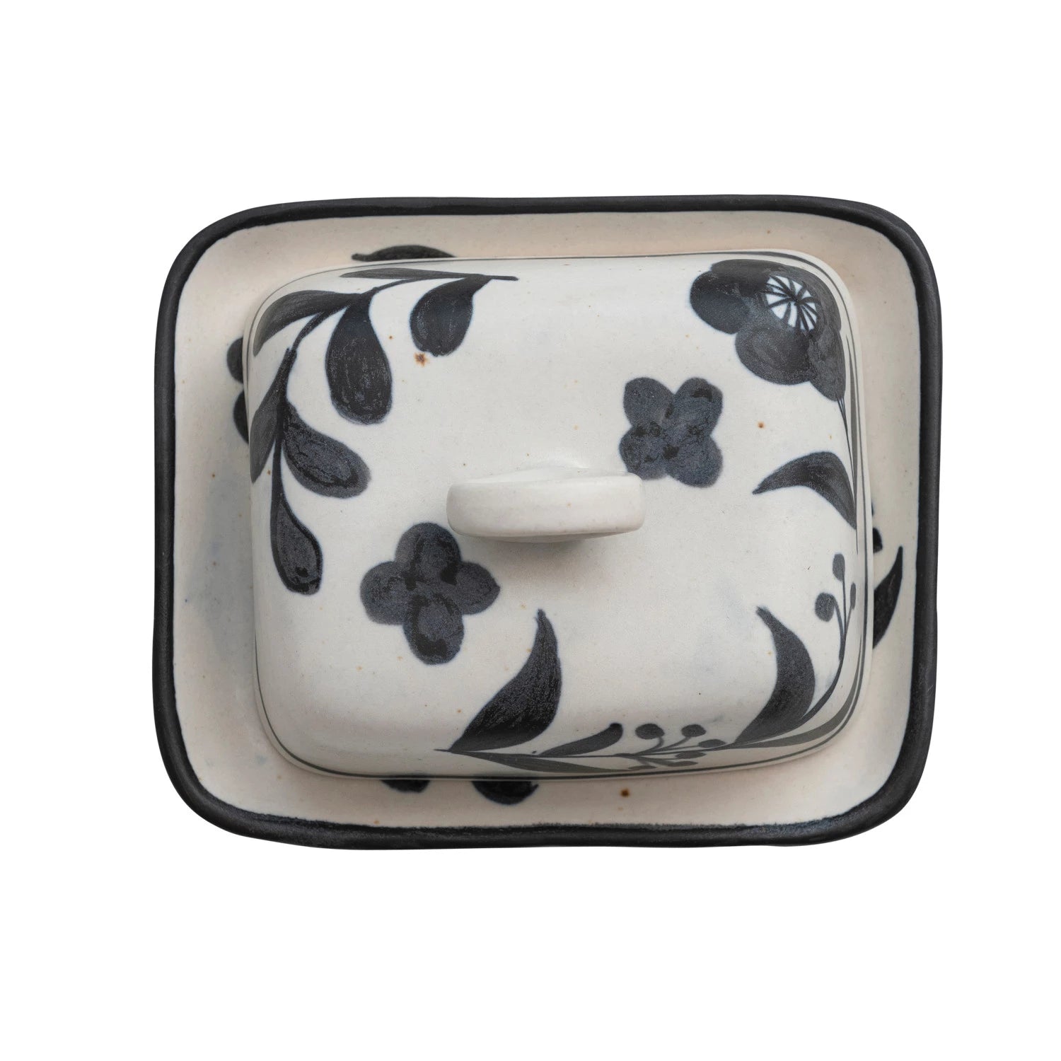 HAND PAINTED STONEWARE BUTTER DISH WITH FLORAL DESIGN
