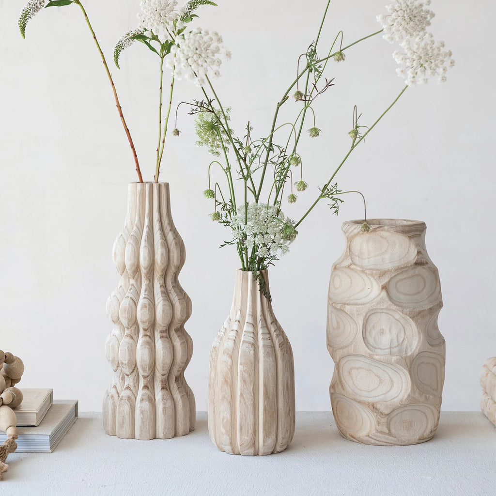 CARVED WOOD VASE SHORT