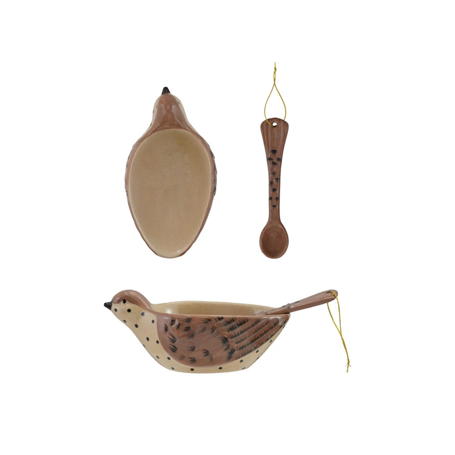 HAND-PAINTED STONEWARE BIRD BOWL