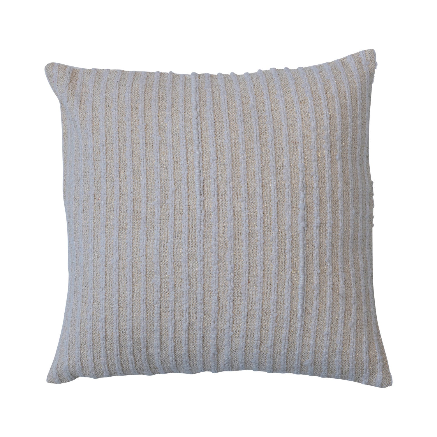 20" Square Cotton & Acrylic Pillow w/ Stripes & Gold Thread, Beige & White