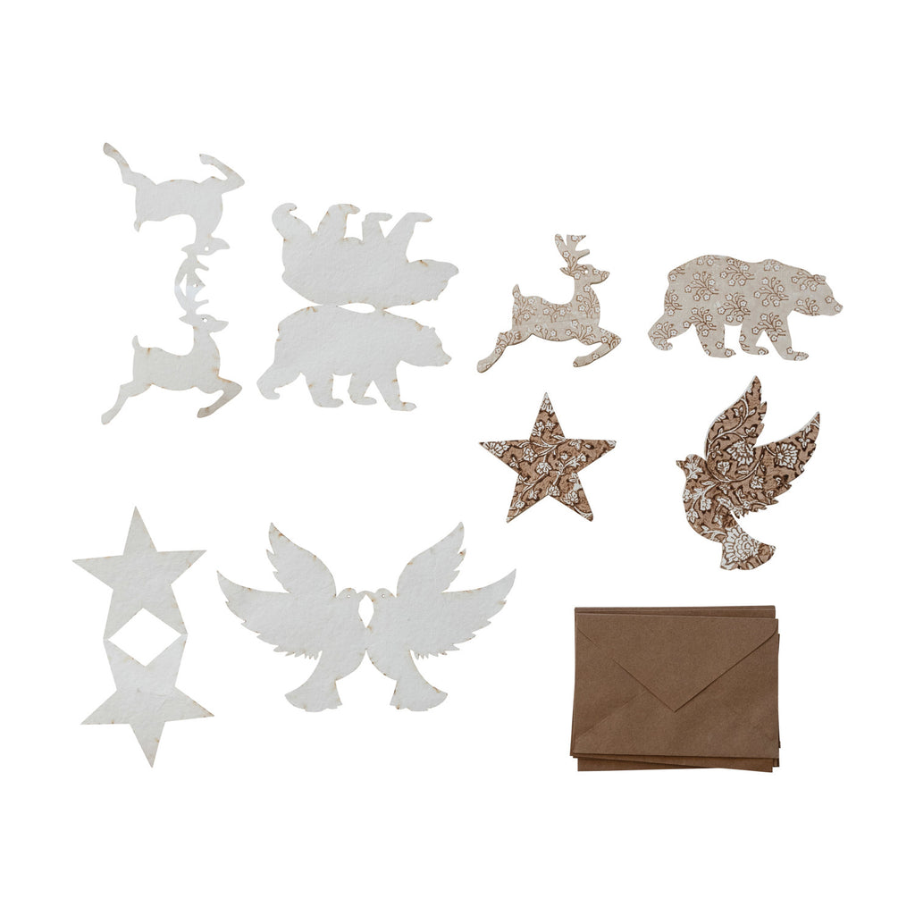 Handmade Block Print Recycled Paper Diecut Gift Cards w/ Envelopes, Set of 8