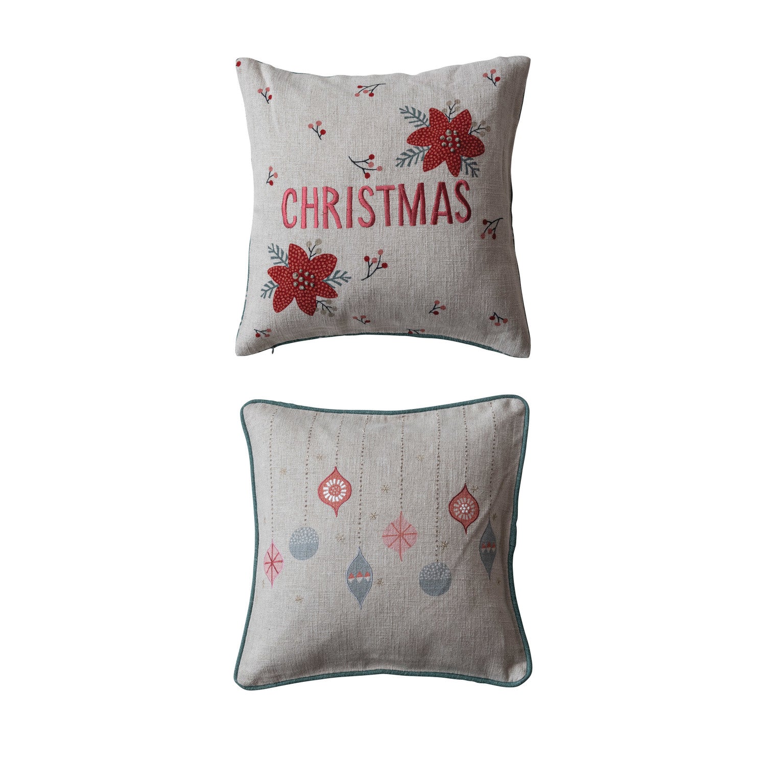 18" Square Linen Blend Pillow w/ Embroidered Holiday Pattern, 2 Styles