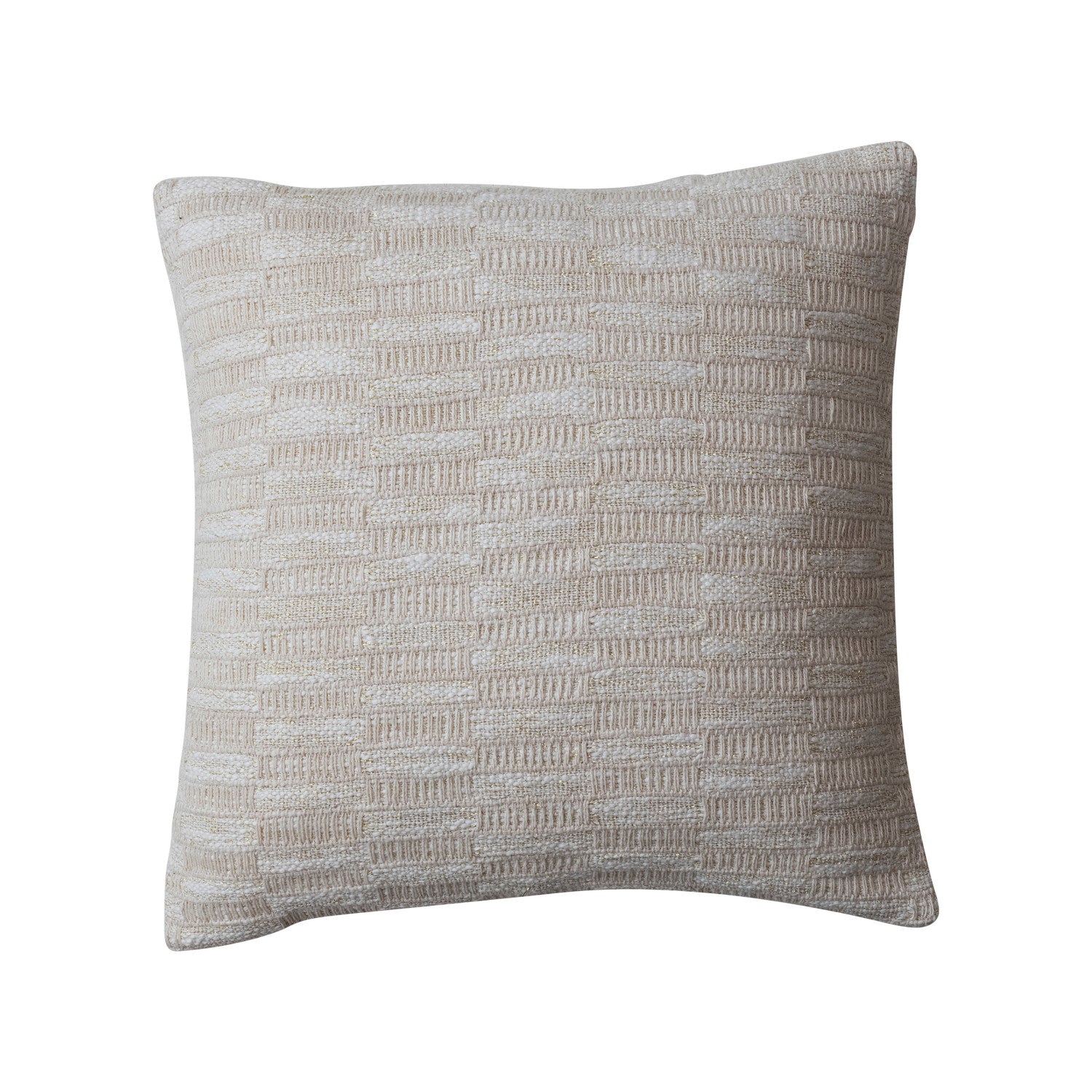 20" Square Woven Cotton Blend Pillow w/ Gold Metallic Thread Embroidery, Natural