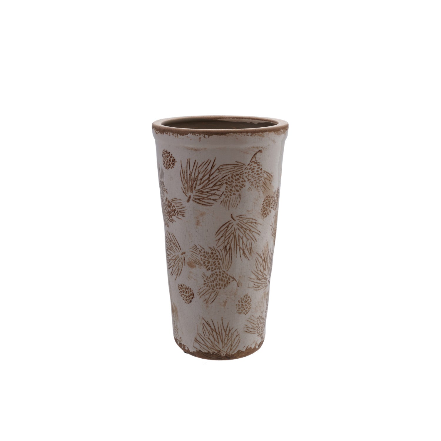 Stoneware Vase with Evergreen Boughs & Pinecones Pattern Brown & White